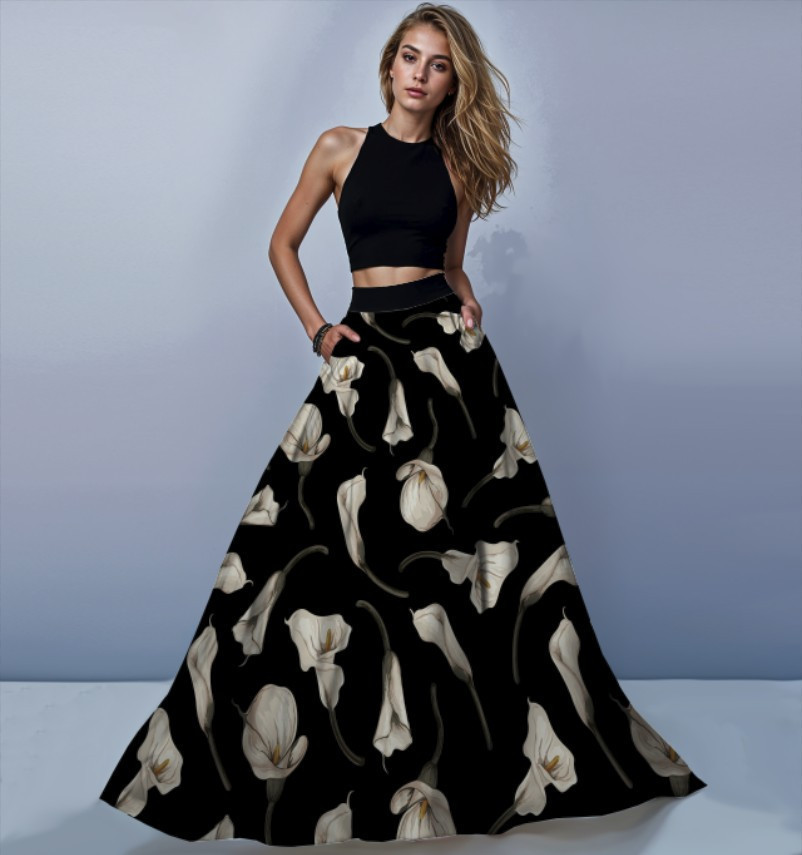 Костюм - спідниця максі довга та короткий топ Чорна з білими калами ВСІ Розміри Преміум тканина