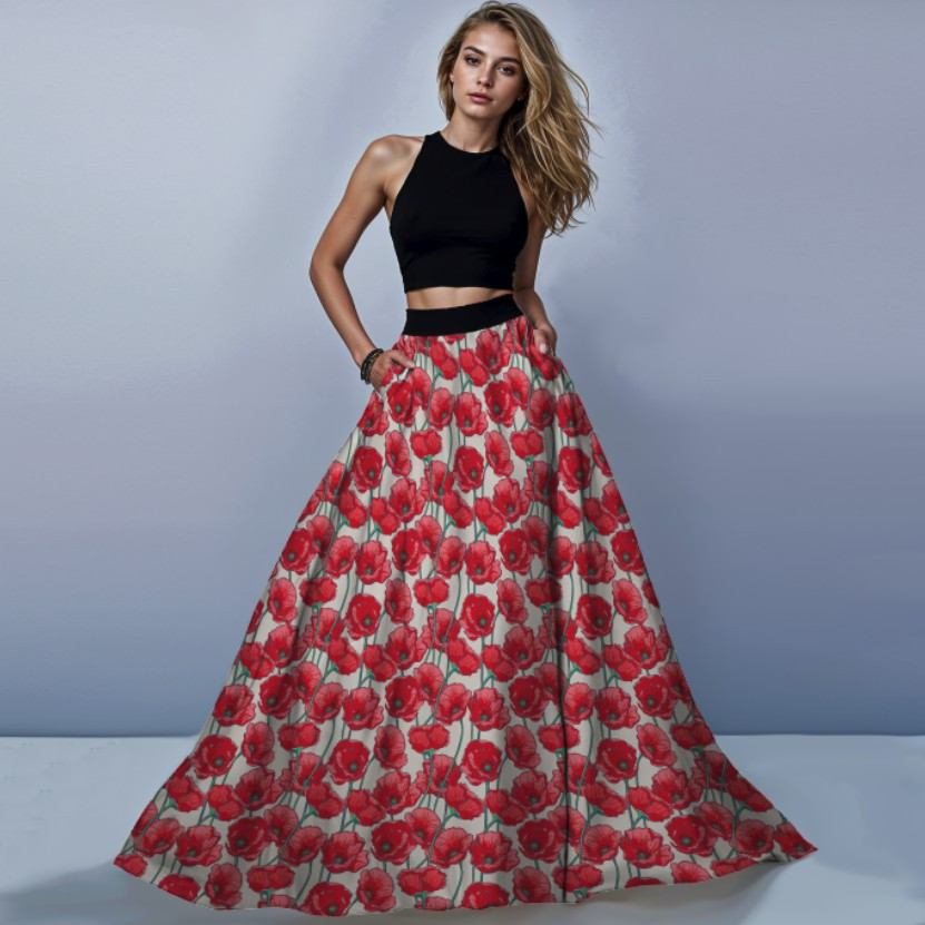 Костюм спідниця максі багато червоних маків квіти ВСІ Розміри Преміум тканина