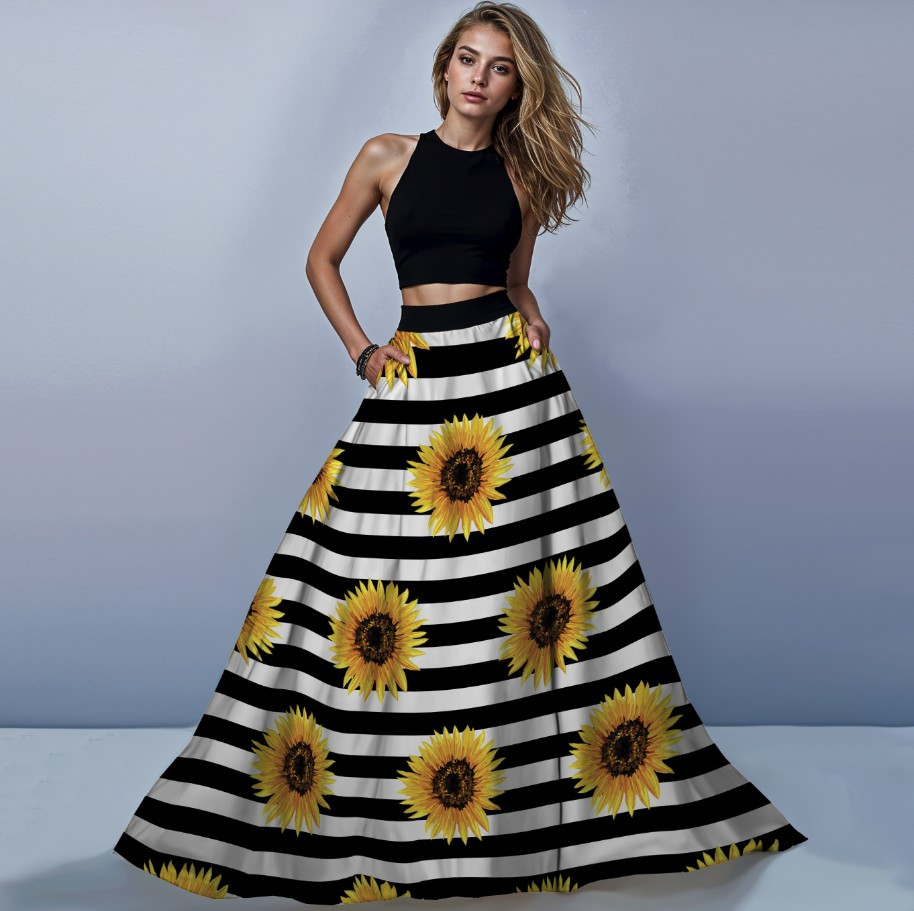 Костюм спідниця максі соняшники чорно білі смужки квіти ВСІ Розміри Преміум тканина