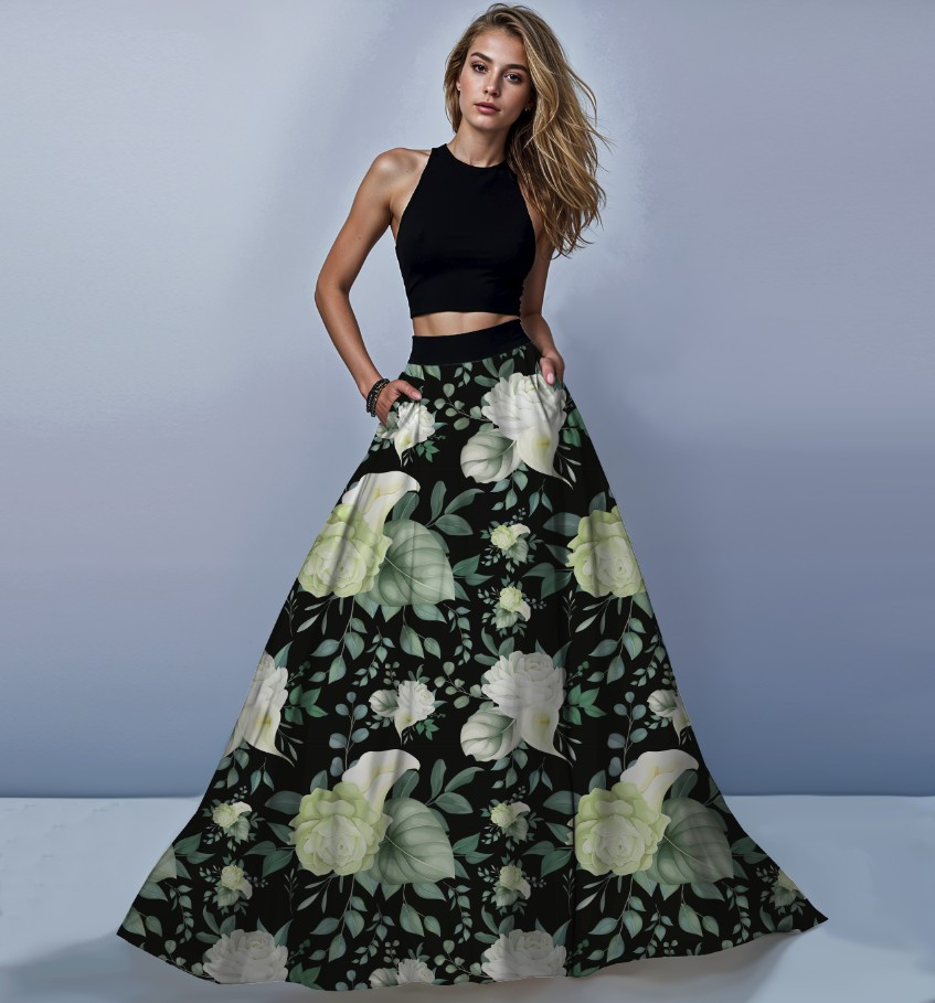 Костюм спідниця максі білі троянди квіти чорний фон ВСІ Розміри Преміум тканина