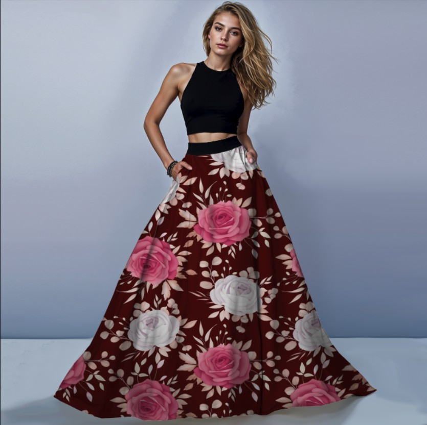 Костюм спідниця максі білі рожеві троянди квіти коричневий фон ВСІ Розміри Преміум тканина