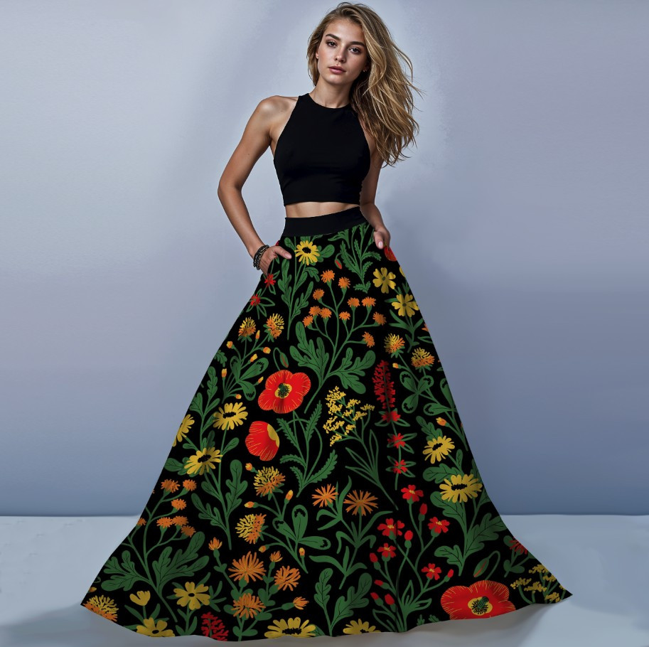 Костюм спідниця максі петриківський розпис квіти чорний фон ВСІ Розміри Преміум тканина