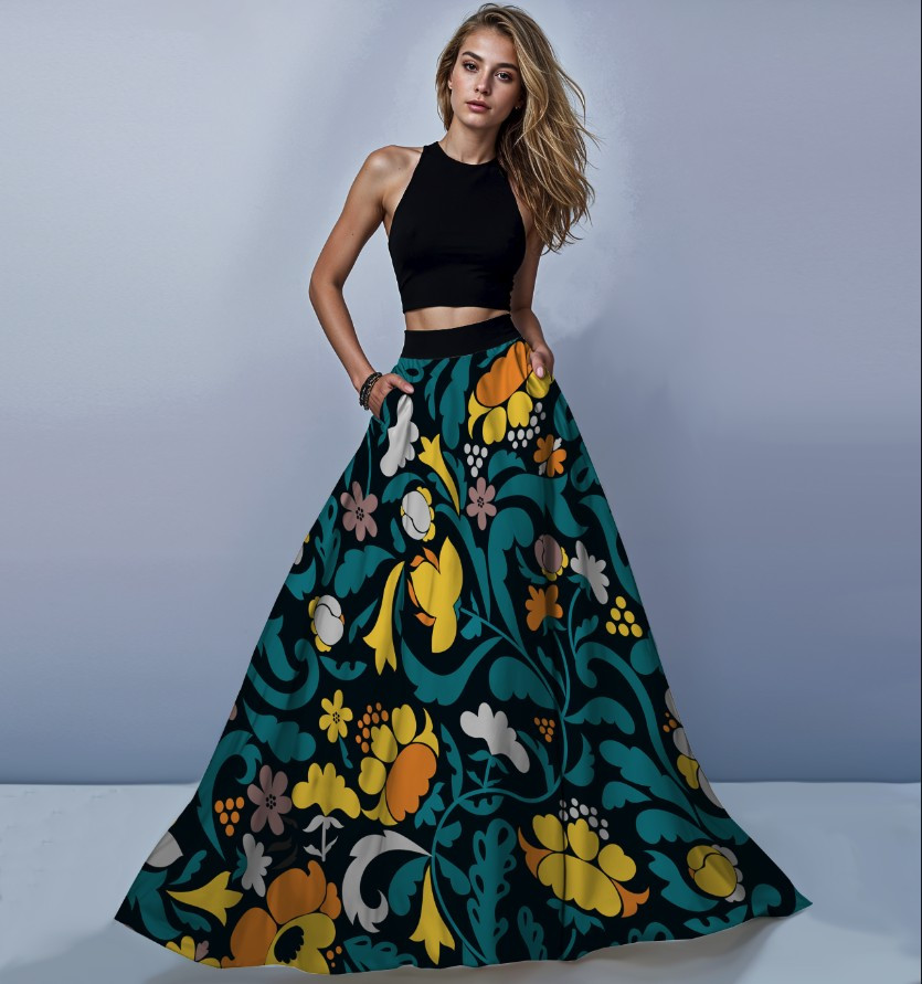 Костюм спідниця максі петриківський розпис квіти чорний фон 1 ВСІ Розміри Преміум тканина