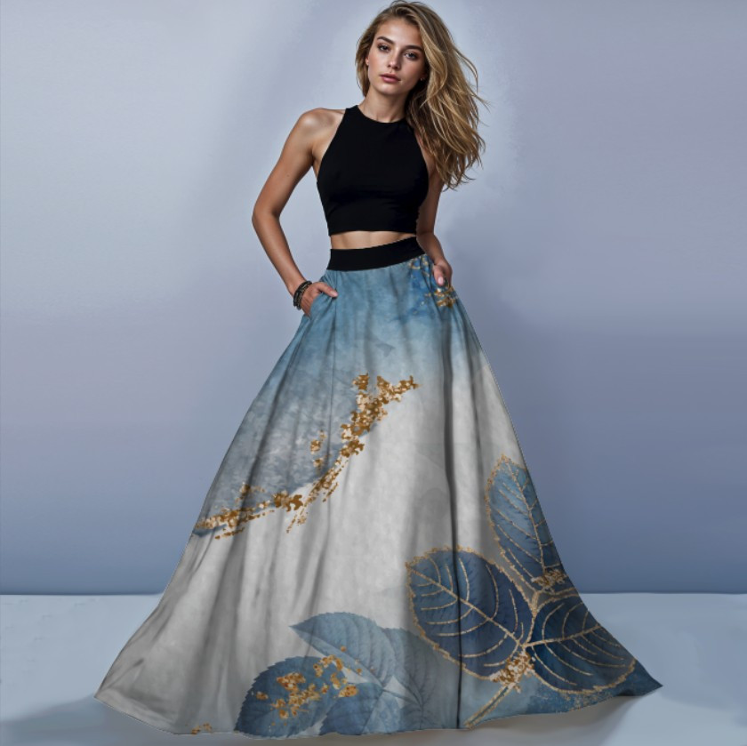 Костюм спідниця максі блакитний білий квітковий орнамент з золотом ВСІ Розміри Преміум тканина