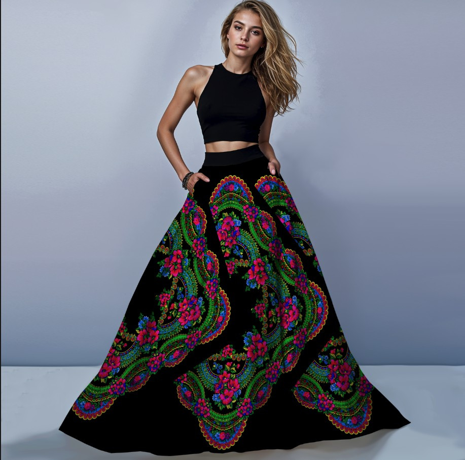 Костюм спідниця максі квіткова хустка чорний фон ВСІ Розміри Преміум тканина