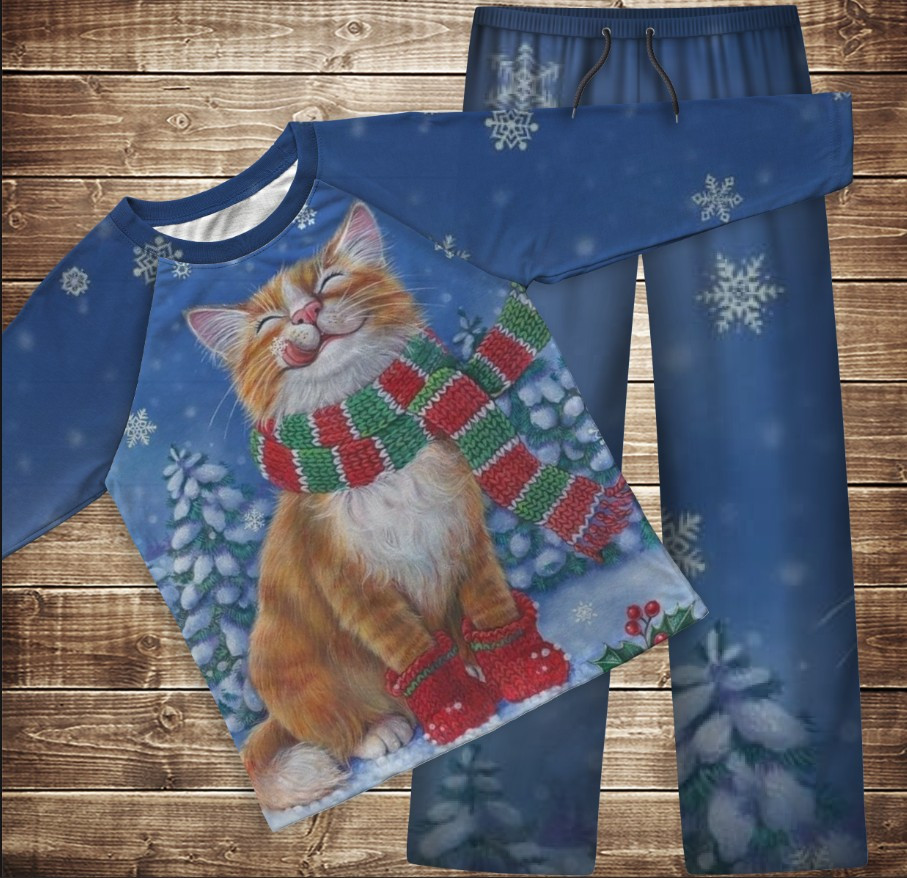Піжама флісова (домашній костюм) рудий прикольний кіт зима сніжинки ВСІ Розміри Преміум тканина