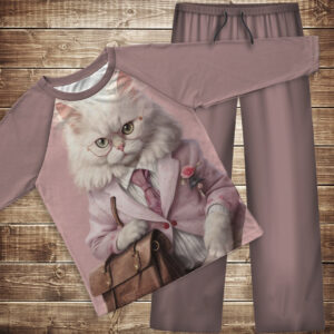 Піжама флісова (домашній костюм) біла кішка з сумкою бізнес леді рожева ВСІ Розміри Преміум тканина