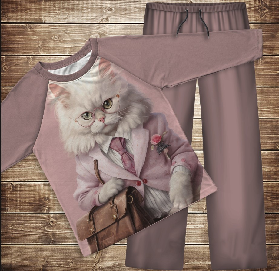 Піжама флісова (домашній костюм) біла кішка з сумкою бізнес леді рожева ВСІ Розміри Преміум тканина