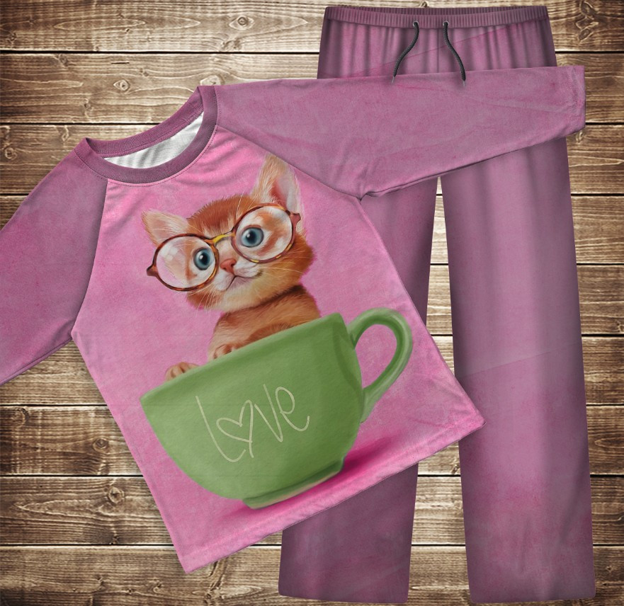 Піжама флісова (домашній костюм) рожева з рудим котом зеленою чашкою ВСІ Розміри Преміум тканина