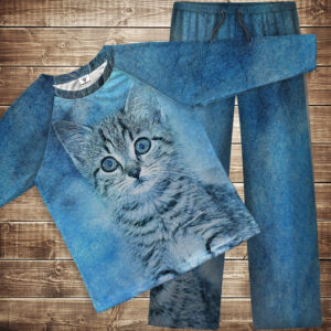 Піжама флісова (домашній костюм) блакитна сірий кошеня ВСІ Розміри Преміум тканина