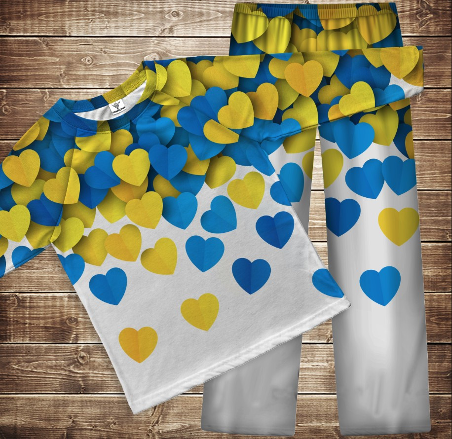 Піжама флісова (домашній костюм) жовто блакитні сердечкі ВСІ Розміри Преміум тканина