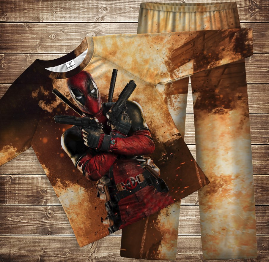 Піжама флісова (домашній костюм) дедпул марвел текстура вогню ВСІ Розміри Преміум тканина