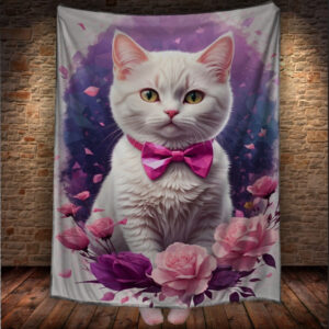 Плед "Кіт Білий Бантик Арт Квіти" 150х200 см.