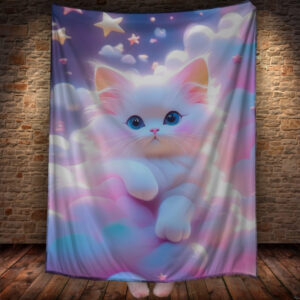 Плед "Кіт Білий Мультяшний Зірки Хмари" 150х200 см.