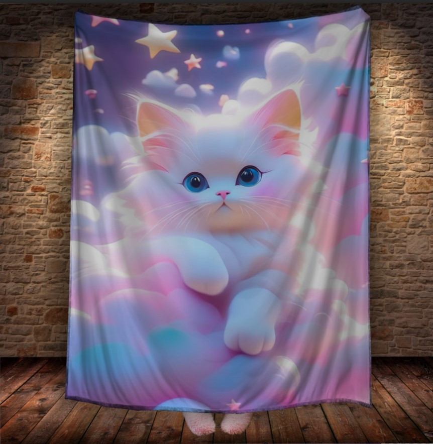 Плед "Кіт Білий Мультяшний Зірки Хмари" 150х200 см.