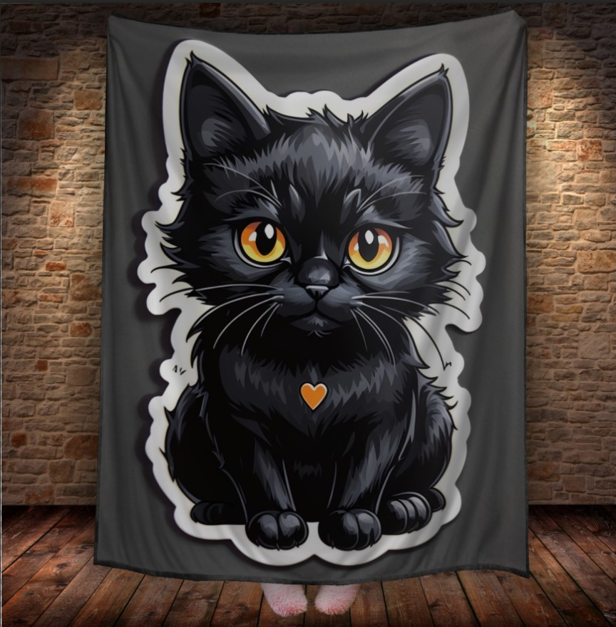 Плед "Кошеня Кіт Чорний Арт Мультик Сердечко" 150х200 см.