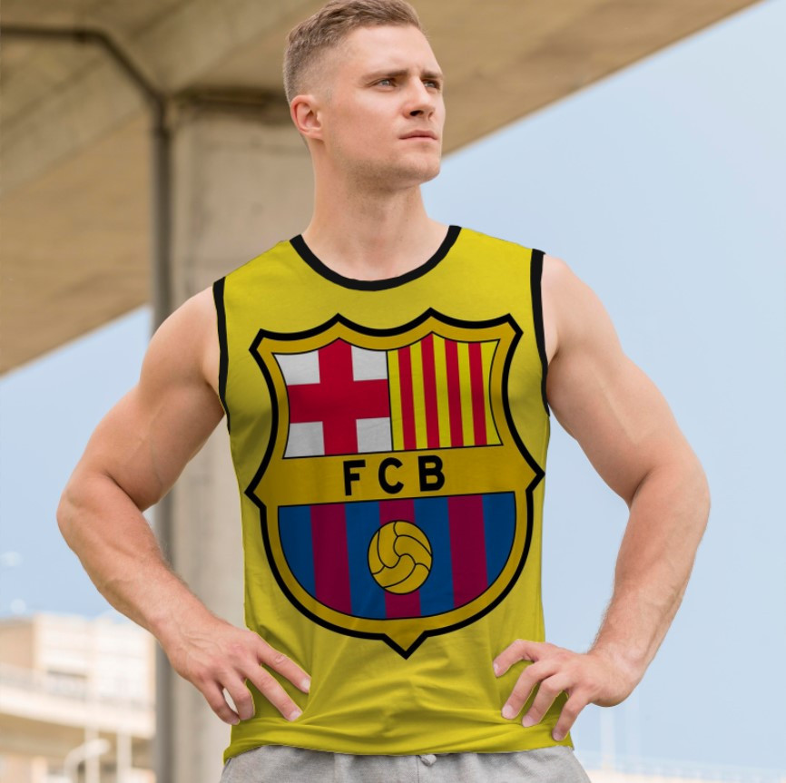 Майка футболка безрукавка "Барселона емблема футбол лого клуб команда спорт жовтий фон" ВСІ Розміри Преміум тканина