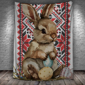 Плед з 3D принтом - Великодній кролик на фоні вишиванки червоного кольору 150х200 см.