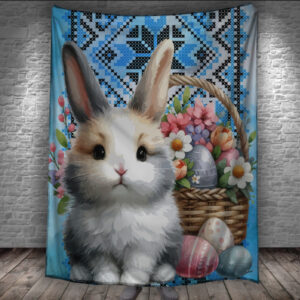 Плед з 3D принтом - Великодній кролик на фоні вишиванки синього кольору 150х200 см.