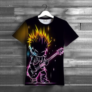 Футболка "Арт неон аніме хлопець з гітарою рок кольоровий абстракції прикольна 1" ВСІ Розміри Преміум тканина