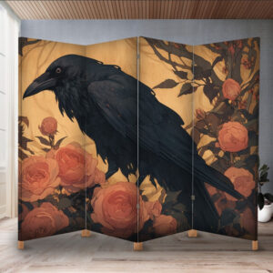 Декоративний екран ширма з принтом "Чорний ворон акварель червоні троянди"