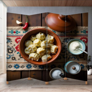 Декоративний екран ширма з принтом "Солодощі пельмені стіл дерево національна їжа"