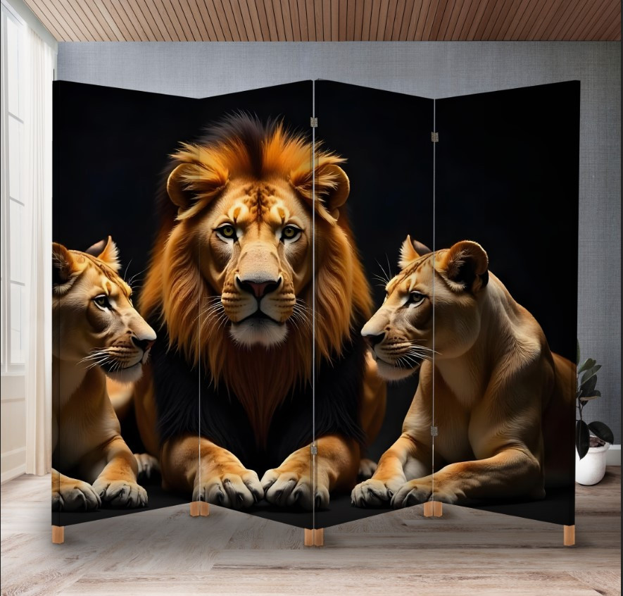 Декоративний екран ширма з принтом "Лев львиці великі кішки"