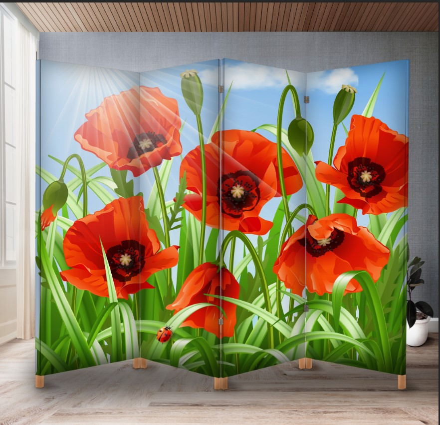 Декоративний екран ширма з принтом "Квіти червоні маки"