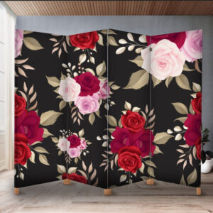 Декоративний екран ширма з принтом "Квіти троянди червоні рожеві чорний фон"