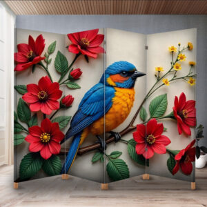 Декоративний екран ширма з принтом "Квіти 3д червоні синиця пташка"