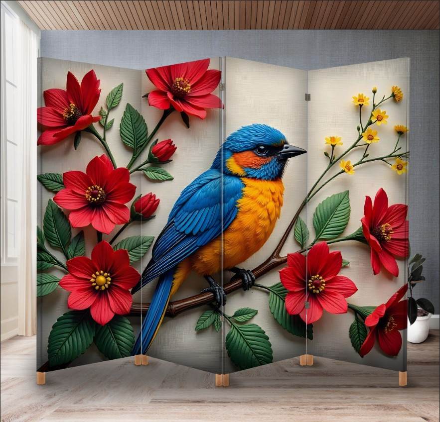 Декоративний екран ширма з принтом "Квіти 3д червоні синиця пташка"