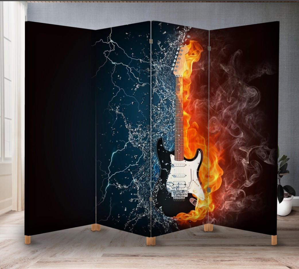 Декоративний екран ширма з принтом "Гитара електро музика рок арт вода вогонь"