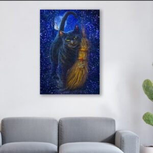 Картина в рамі "Чорний кіт магія мітла символи" панно