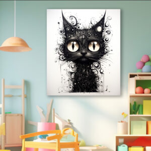 Картина в рамі "Чорний кіт акварель абстракція фарби 3" панно