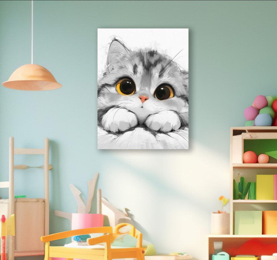 Картина в рамі "Сірий кіт милий погляд акварель" панно