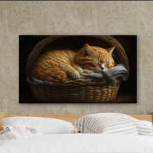 Картина в рамі "Рудий кіт спить у кошику" панно