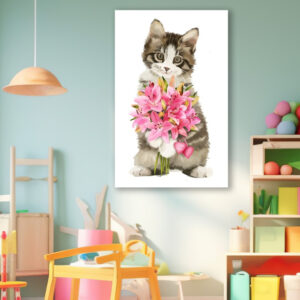 Картина в рамі "Кіт з квітами акварель погляд тварина" панно