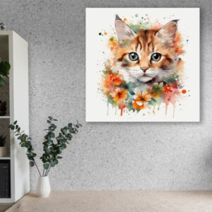 Картина в рамі "Кіт з квітами акварель" панно