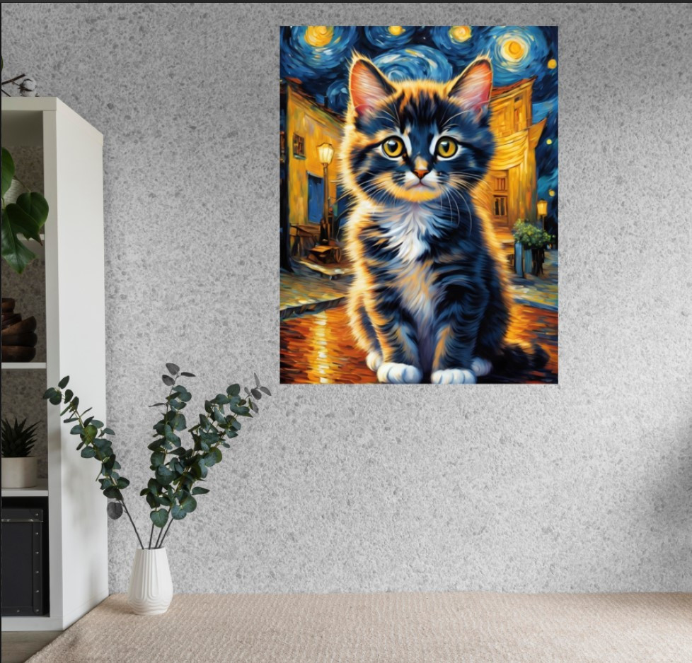 Картина в рамі "Кіт ван гог стиль акварель" панно