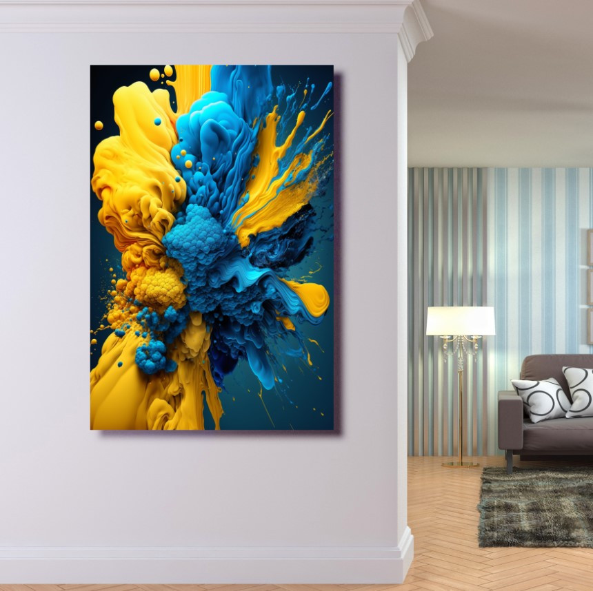 Картина в рамі "Жовто блакитний вибух фарб" панно