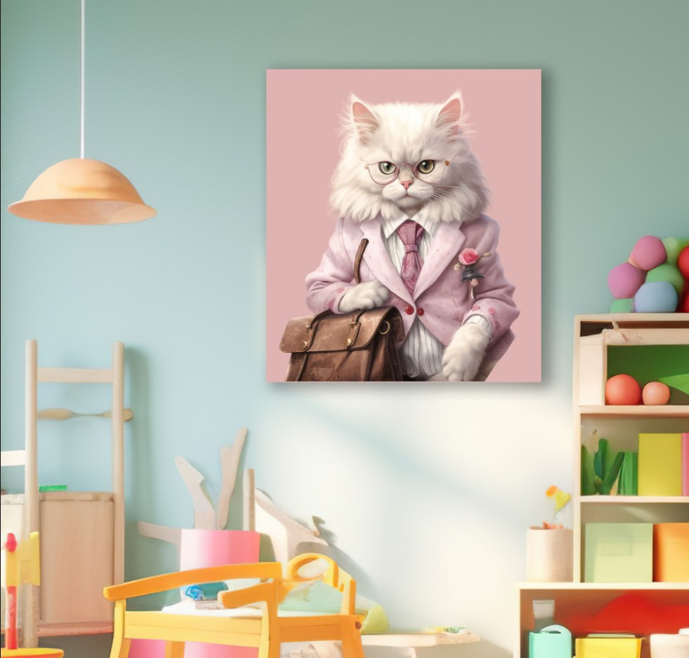 Картина в рамі "Діловий костюм кіт рожевий фон" панно