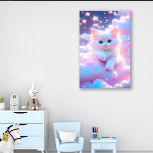 Картина в рамі "Білий пухнастий котик у хмарах" панно