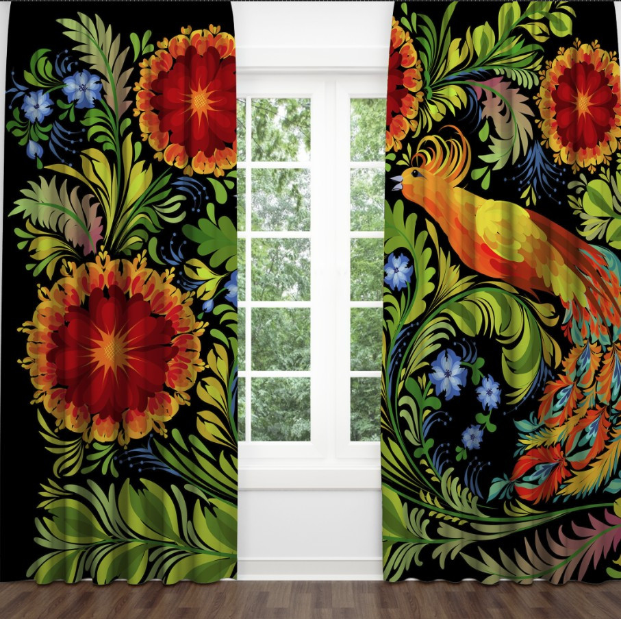 Штори Квіти павич петриківський розпис національний етнічний стиль різнокольорове