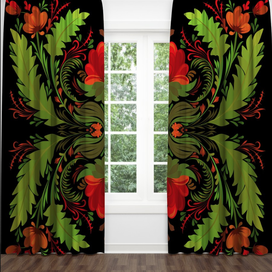 Штори Квіти листя петриківський розпис національний етнічний стиль чорне зелене