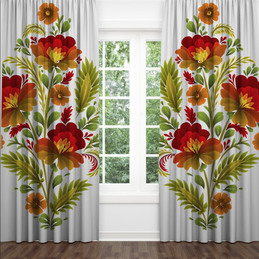 Штори Квіти акварель розпис національний етнічний стиль біле зелене червоне