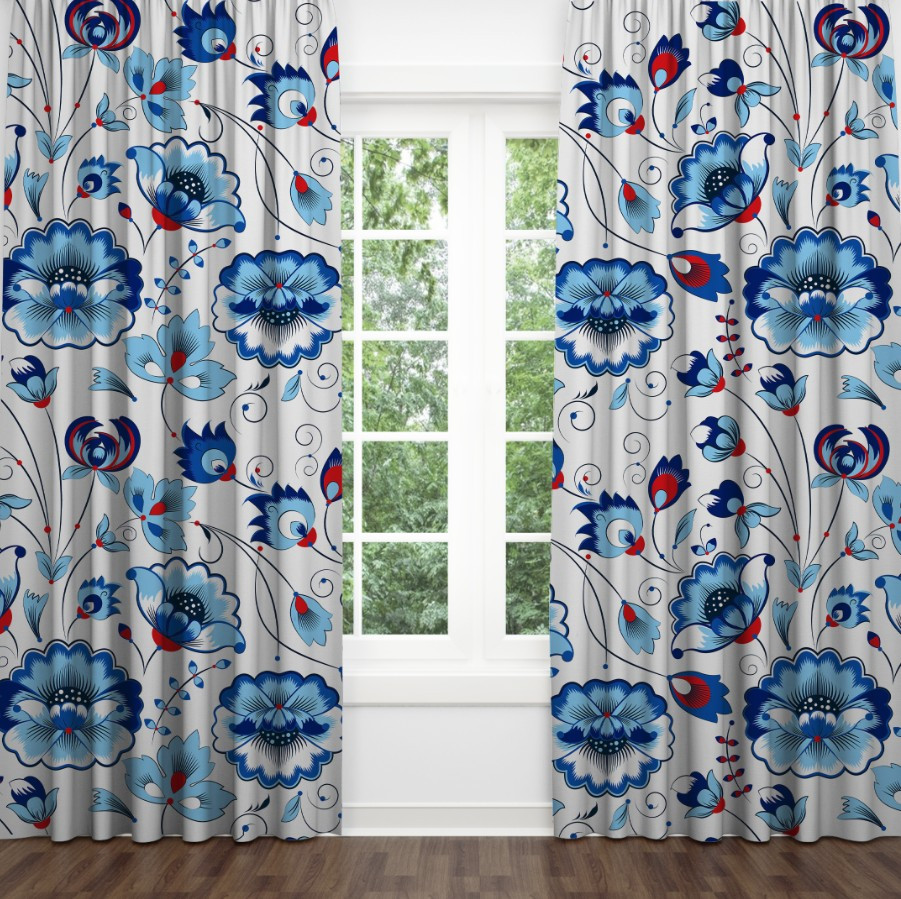 Штори Квіти акварель розпис національний етнічний блакитно білі