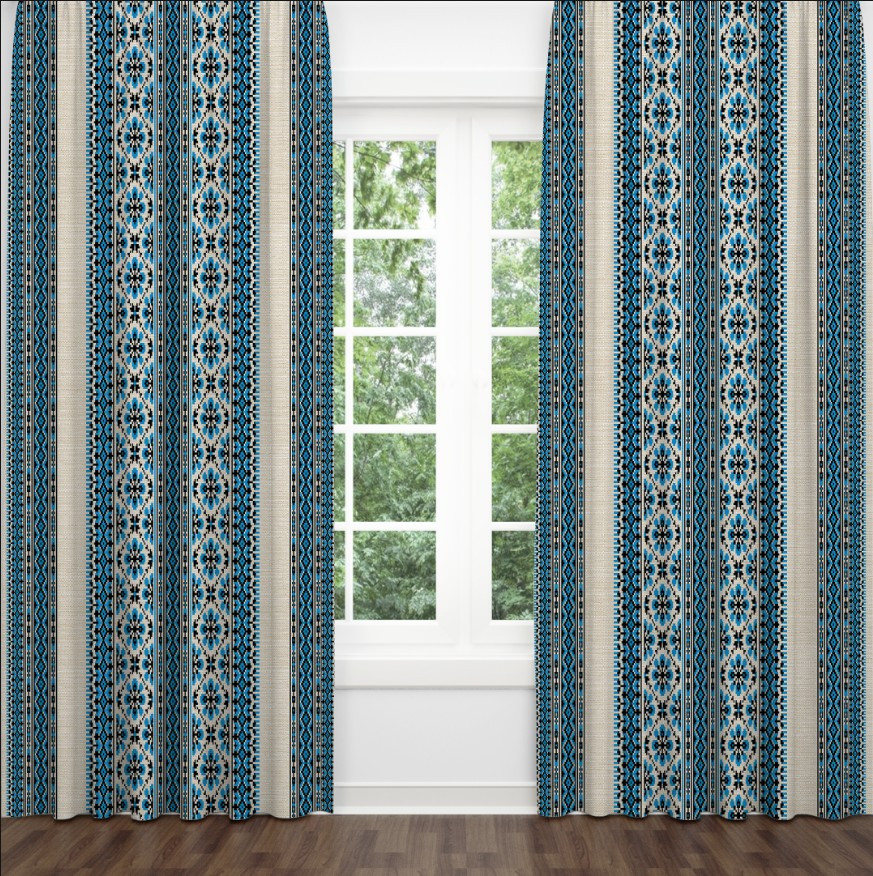 Штори Вишиванка хрестик геометричний орнамент біло синій національний етнічний стиль