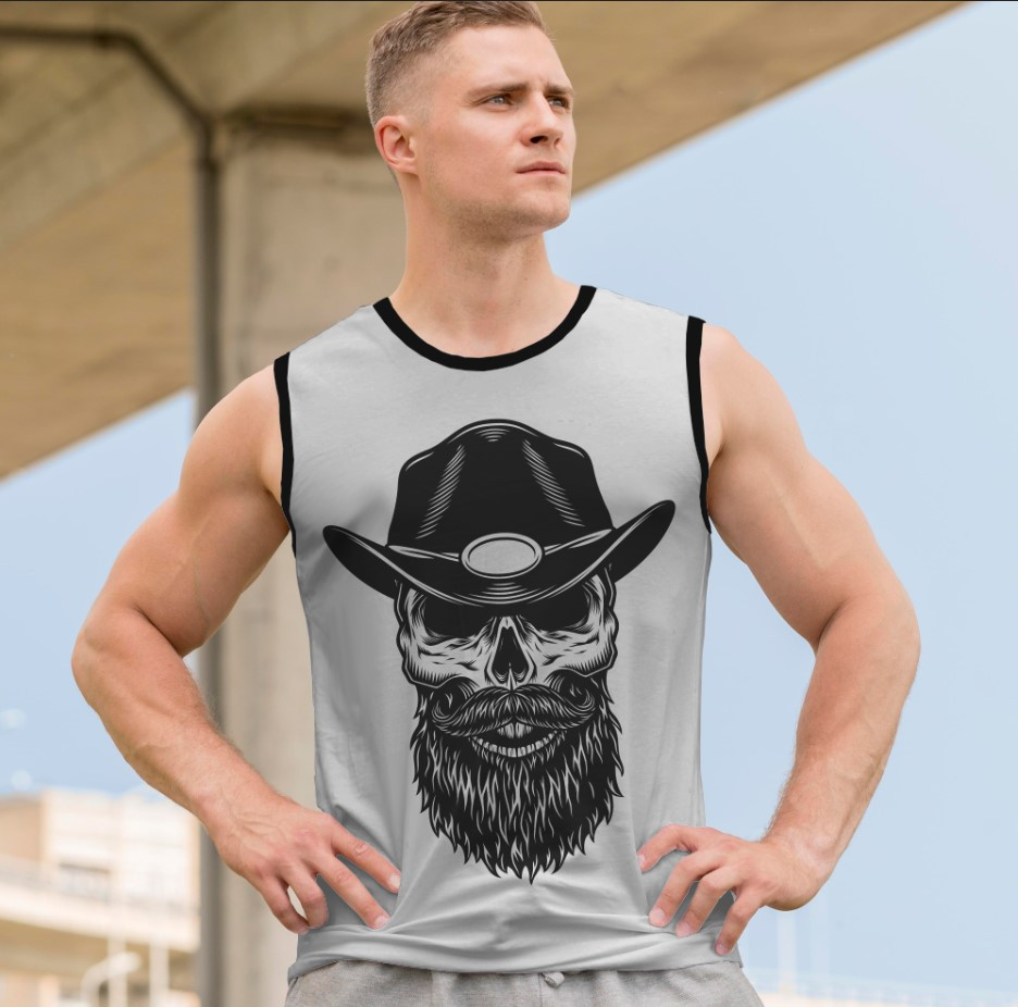 Футболка безрукавка майка "Череп готика Геловін арт з бородою барбер капелюх ковбой" ВСІ Розміри Преміум тканина