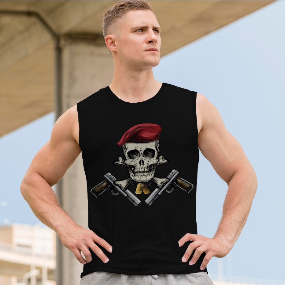 Футболка безрукавка майка "Череп арт готика червоний берет пістолети житони" ВСІ Розміри Преміум тканина