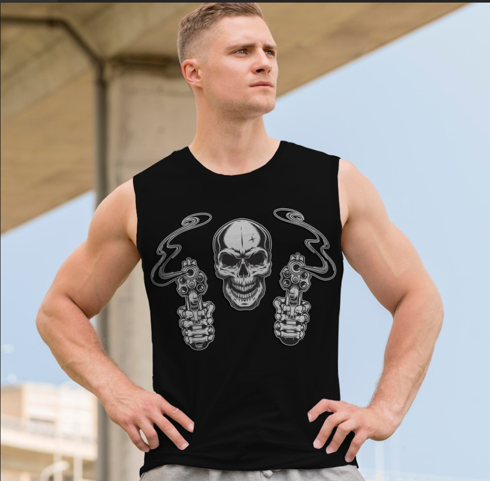 Футболка безрукавка майка "Череп арт готика стриляє з пістолетів" ВСІ Розміри Преміум тканина